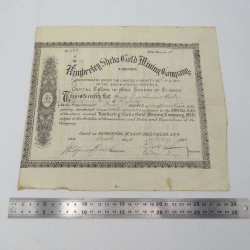 Four shares of one pound in the Kimberly Sheba Gold Mining Company - Baberton 1887 to Messe Runchman