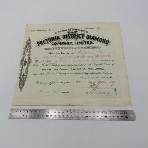 Certified for 100 shares in the Pretoria District Diamond company - Issued to Michael Gleeson