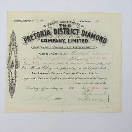Certified for 100 shares in the Pretoria District Diamond company - Issued to Michael Gleeson