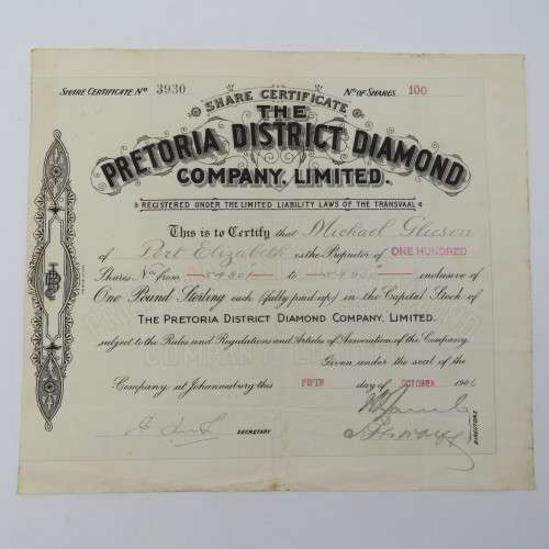 Certified for 100 shares in the Pretoria District Diamond company - Issued to Michael Gleeson