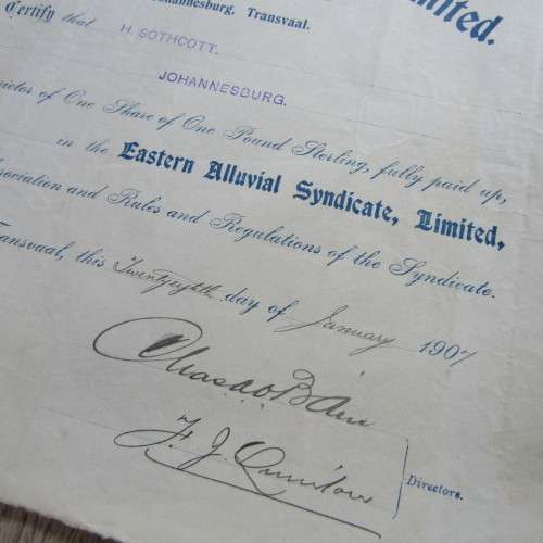 Lot of 6 x One Pound Shares in the EASTERN Alluvial Syndicate Ltd. issued 1907