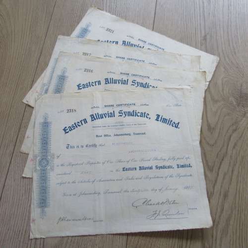 Lot of 6 x One Pound Shares in the EASTERN Alluvial Syndicate Ltd. issued 1907