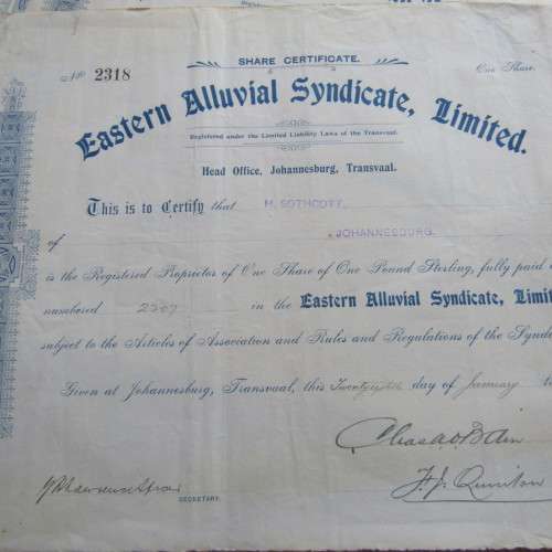 Lot of 6 x One Pound Shares in the EASTERN Alluvial Syndicate Ltd. issued 1907