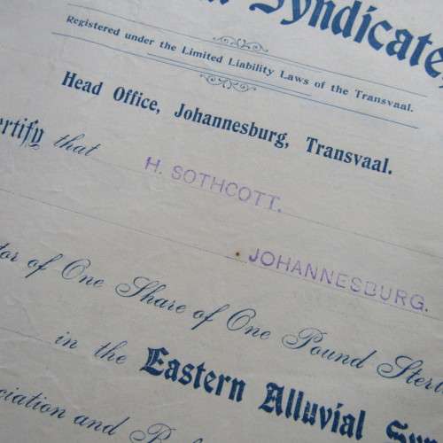 Lot of 6 x One Pound Shares in the EASTERN Alluvial Syndicate Ltd. issued 1907