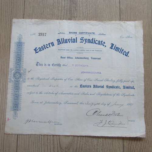Lot of 6 x One Pound Shares in the EASTERN Alluvial Syndicate Ltd. issued 1907