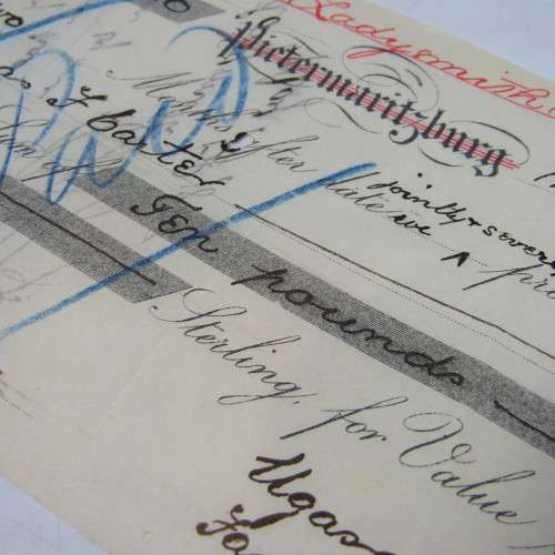 Cheque issued by Advocate Thomas Canter in Ladysmith 1888 - with the marks of 2 locals