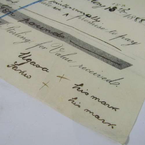 Cheque issued by Advocate Thomas Canter in Ladysmith 1888 - with the marks of 2 locals