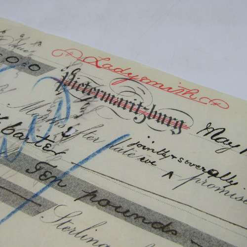 Cheque issued by Advocate Thomas Canter in Ladysmith 1888 - with the marks of 2 locals
