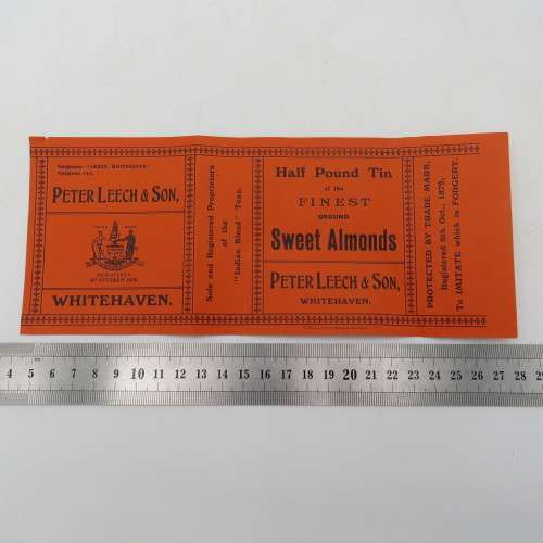 Antique Peter Leech and Son Half pound tin sweet almonds label