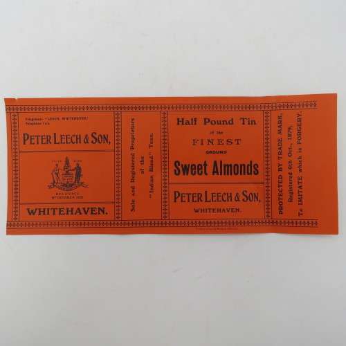 Antique Peter Leech and Son Half pound tin sweet almonds label