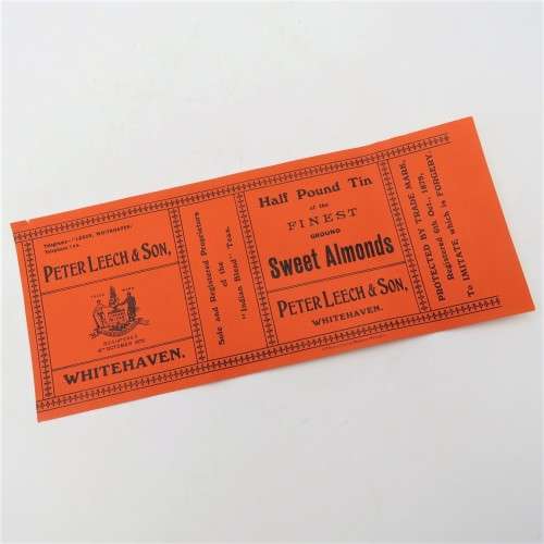 Antique Peter Leech and Son Half pound tin sweet almonds label