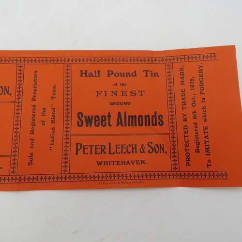 Antique Peter Leech and Son Half pound tin sweet almonds label