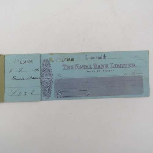 The Natal Bank Limited chequebook with 3 unused cheques - 1896