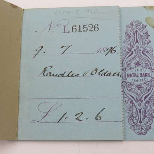 The Natal Bank Limited chequebook with 3 unused cheques - 1896