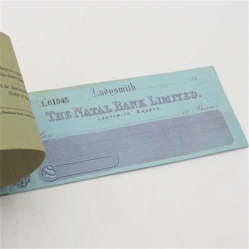 The Natal Bank Limited chequebook with 3 unused cheques - 1896