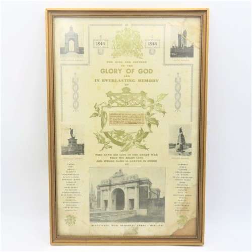 WWI Memorial 1914-1918 certificate of 21462 private Herbert Greenwood - some damage 34x51cm