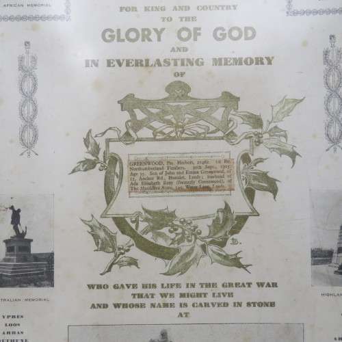 WWI Memorial 1914-1918 certificate of 21462 private Herbert Greenwood - some damage 34x51cm