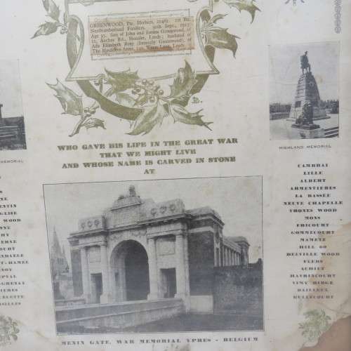 WWI Memorial 1914-1918 certificate of 21462 private Herbert Greenwood - some damage 34x51cm