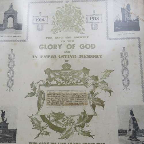 WWI Memorial 1914-1918 certificate of 21462 private Herbert Greenwood - some damage 34x51cm