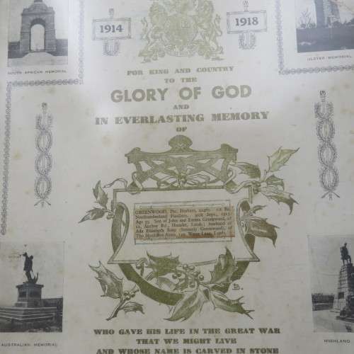 WWI Memorial 1914-1918 certificate of 21462 private Herbert Greenwood - some damage 34x51cm