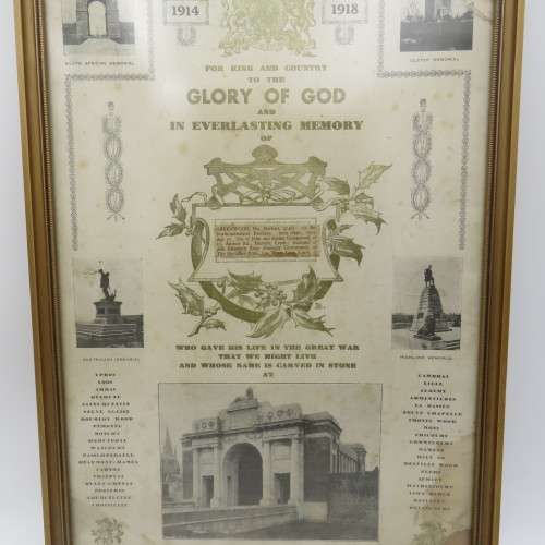 WWI Memorial 1914-1918 certificate of 21462 private Herbert Greenwood - some damage 34x51cm