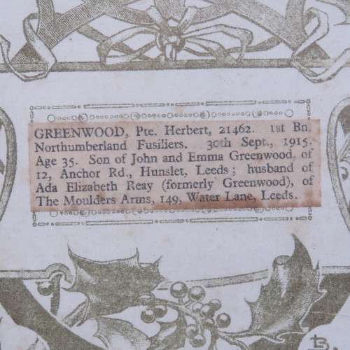 WWI Memorial 1914-1918 certificate of 21462 private Herbert Greenwood - some damage 34x51cm
