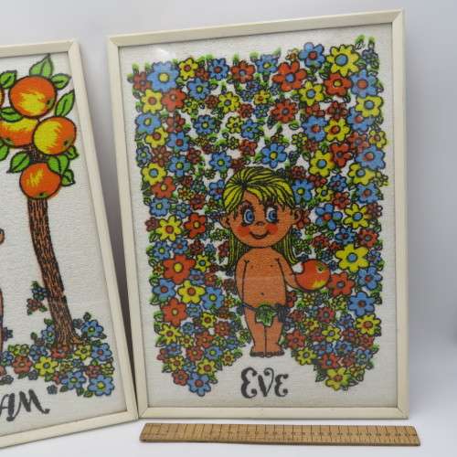 Pair of Adam and Eve framed towels - Vintage
