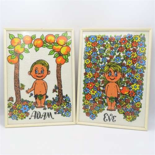 Pair of Adam and Eve framed towels - Vintage