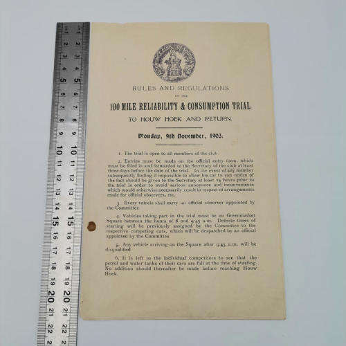 1903 Automobile 100 mile reliability and consumption trial leaflet - RARE
