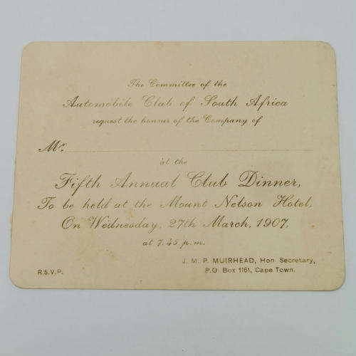 1907 Invitation card for the Annual dinner of the Automobile club of South Africa