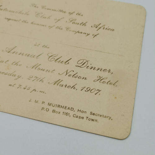 1907 Invitation card for the Annual dinner of the Automobile club of South Africa