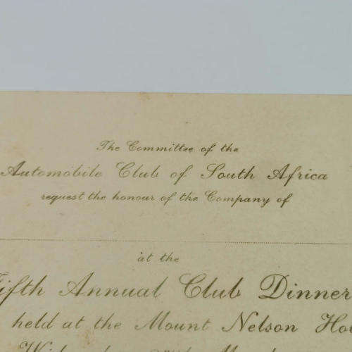1907 Invitation card for the Annual dinner of the Automobile club of South Africa