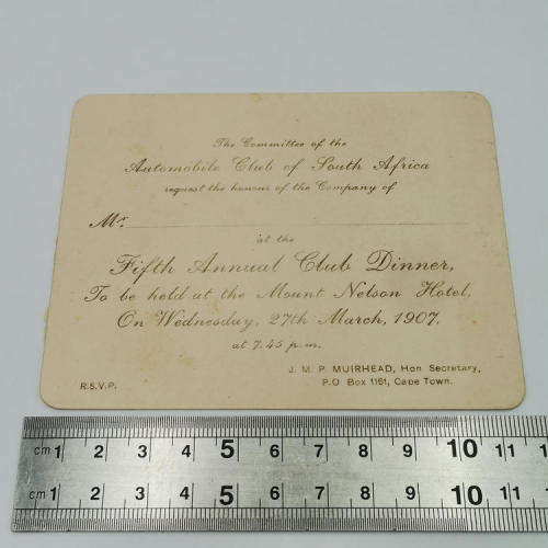 1907 Invitation card for the Annual dinner of the Automobile club of South Africa