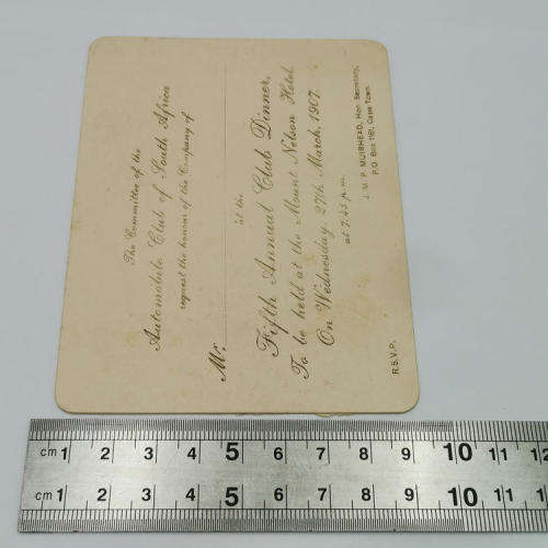 1907 Invitation card for the Annual dinner of the Automobile club of South Africa