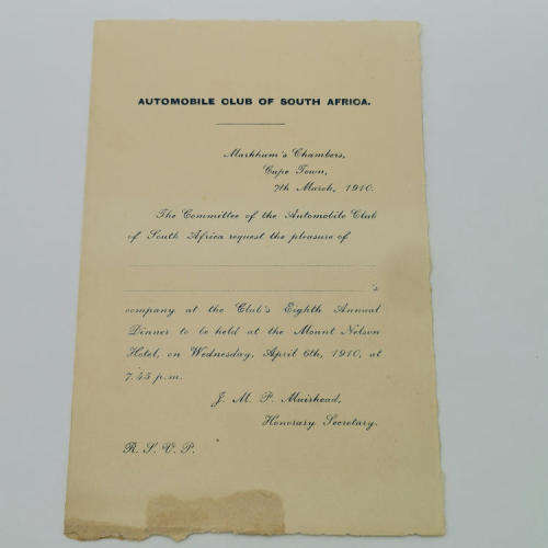 1910 Automobile club of South Africa - Invitation card for Annual dinner at the Mount Nelson Hotel