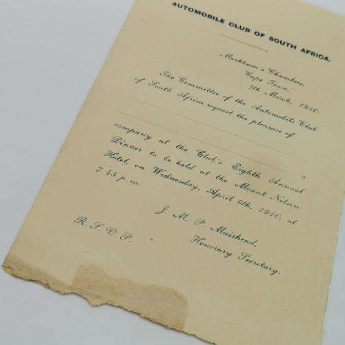 1910 Automobile club of South Africa - Invitation card for Annual dinner at the Mount Nelson Hotel