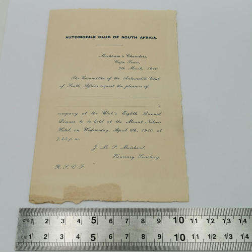 1910 Automobile club of South Africa - Invitation card for Annual dinner at the Mount Nelson Hotel