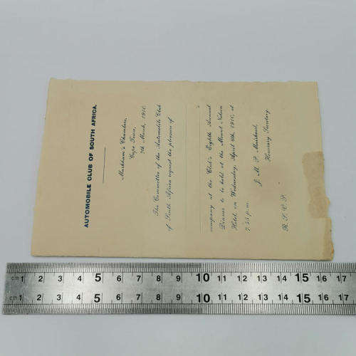 1910 Automobile club of South Africa - Invitation card for Annual dinner at the Mount Nelson Hotel