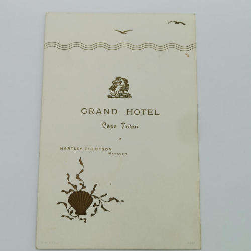 Automobile club of South Africa 1907 Menu for complimentary lunch at the Grand Hotel - Cape Town
