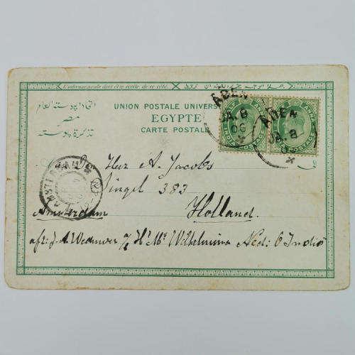 Egyptian postcard from Aden to Amsterdam Holland 8 January 1906 with two India half Anna stamps