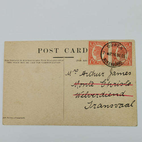 Postcard from Bowen Australia to Transvaal South Africa 16 October 1905 with two SG 232 stamps