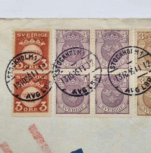 Air mail cover from Stockholm, Sweden to Cape Town, SA with 12 sverige stamps 8X3 ore, 4X4 ore