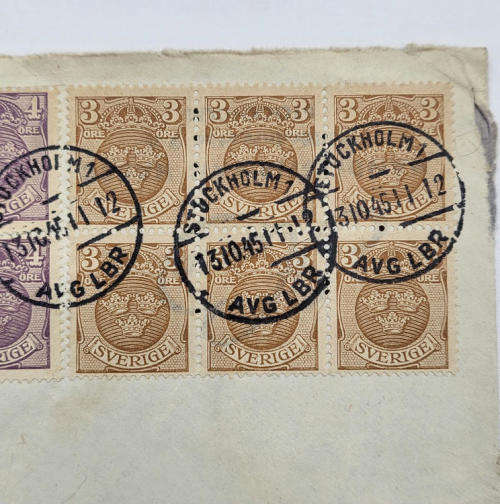 Air mail cover from Stockholm, Sweden to Cape Town, SA with 12 sverige stamps 8X3 ore, 4X4 ore