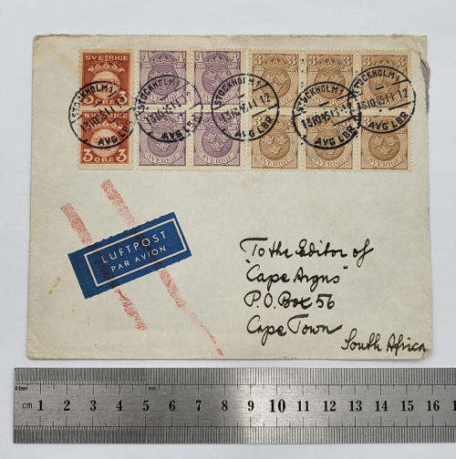 Air mail cover from Stockholm, Sweden to Cape Town, SA with 12 sverige stamps 8X3 ore, 4X4 ore
