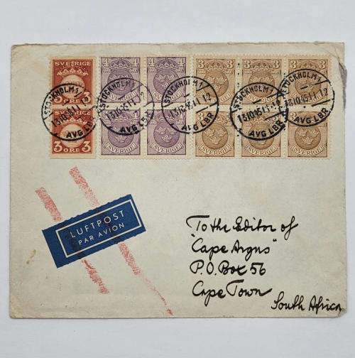 Air mail cover from Stockholm, Sweden to Cape Town, SA with 12 sverige stamps 8X3 ore, 4X4 ore