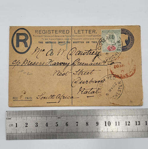 Unrated registered postal cover from Chichester to Natal, South Africa with 2d stamp dated 8 May `02