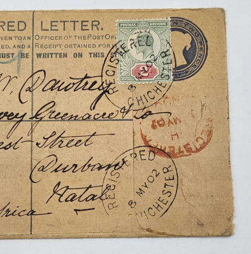 Unrated registered postal cover from Chichester to Natal, South Africa with 2d stamp dated 8 May `02