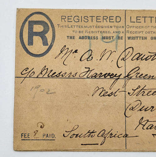 Unrated registered postal cover from Chichester to Natal, South Africa with 2d stamp dated 8 May `02