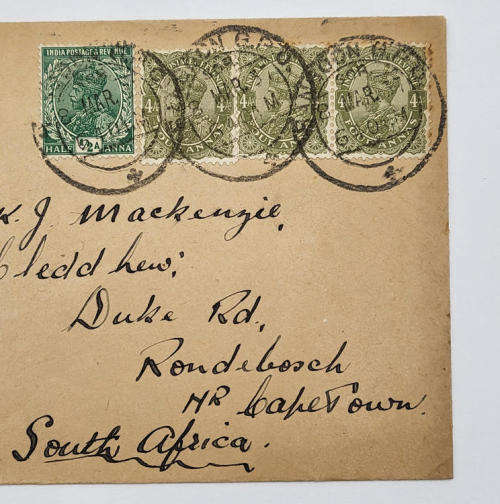 British Guiana to Cape Town by airmail with four stamps and three 8 March 1937 cancellations