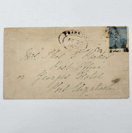 Letter with Cape of Good Hope 4 Pence stamp and RARE PEARSTON OVAL CANCEL